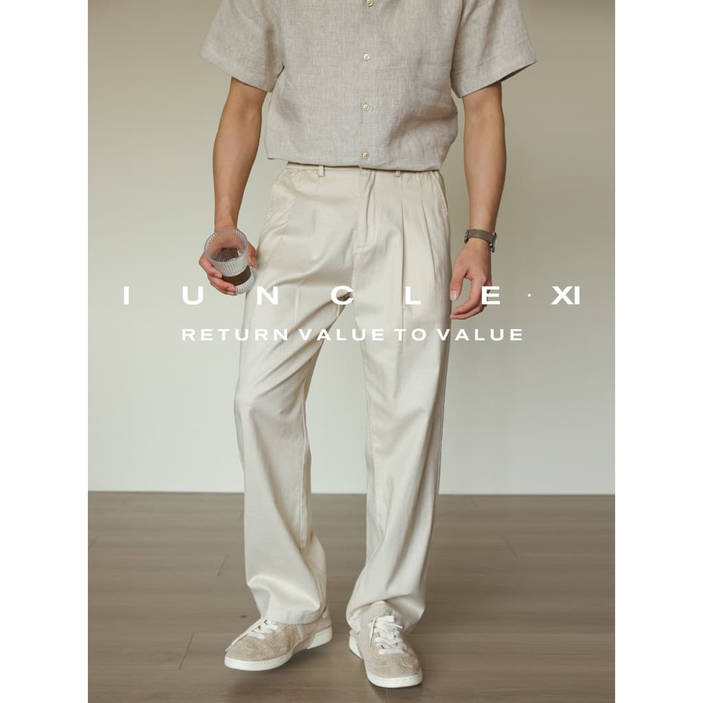 [Tencel Linen] Design duplo plissado pingente sentir dinheiro velho calças casuais retas calças soltas masculinas