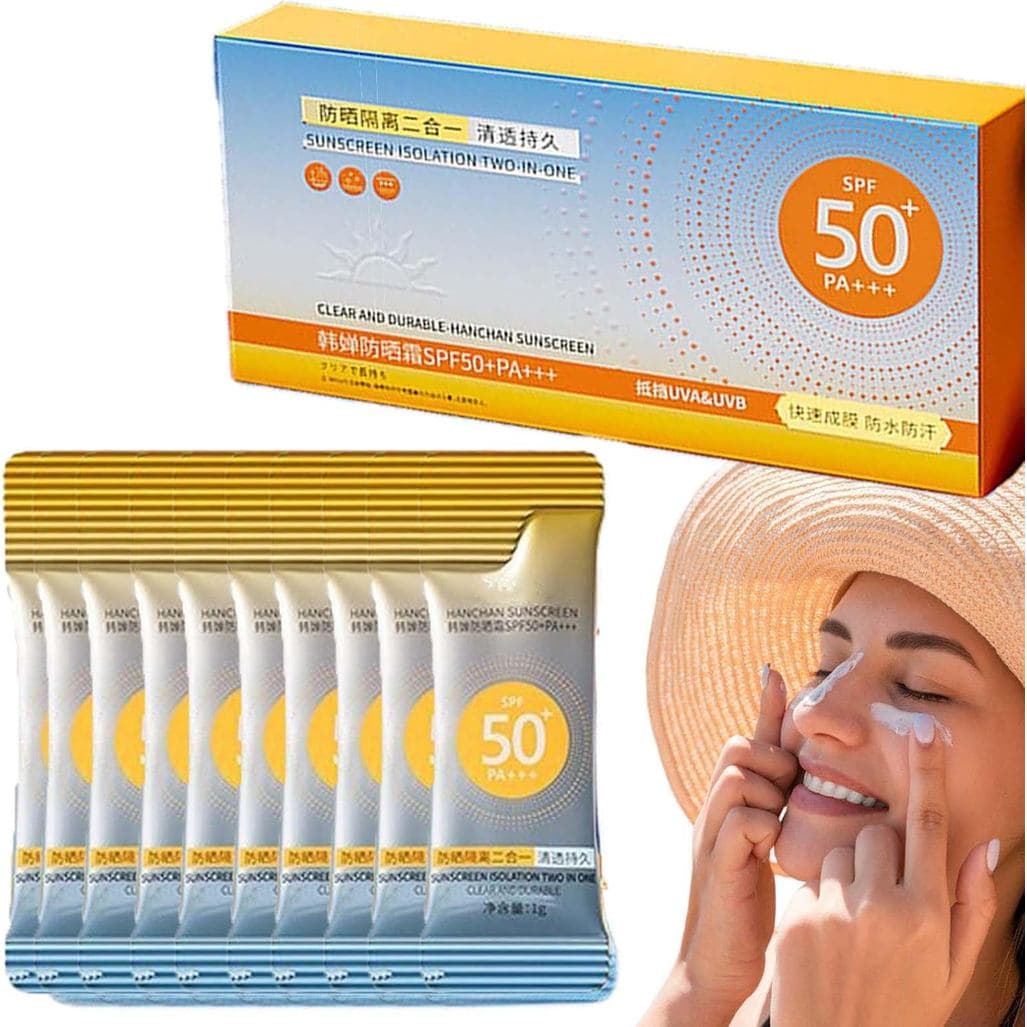 Protetor solar em mini embalagem de viagem, 50 unidades, FPS50+, proteção à prova d'água contra UVA/UVB.