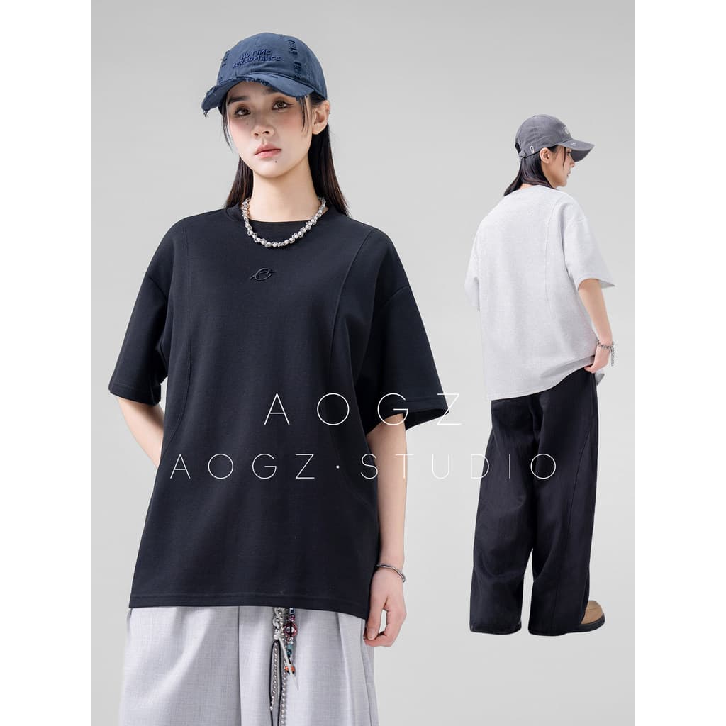 AOGZ espaço pesado algodão de manga curta masculino feminino verão novo estilo solto High-End Street Wear bordado metade