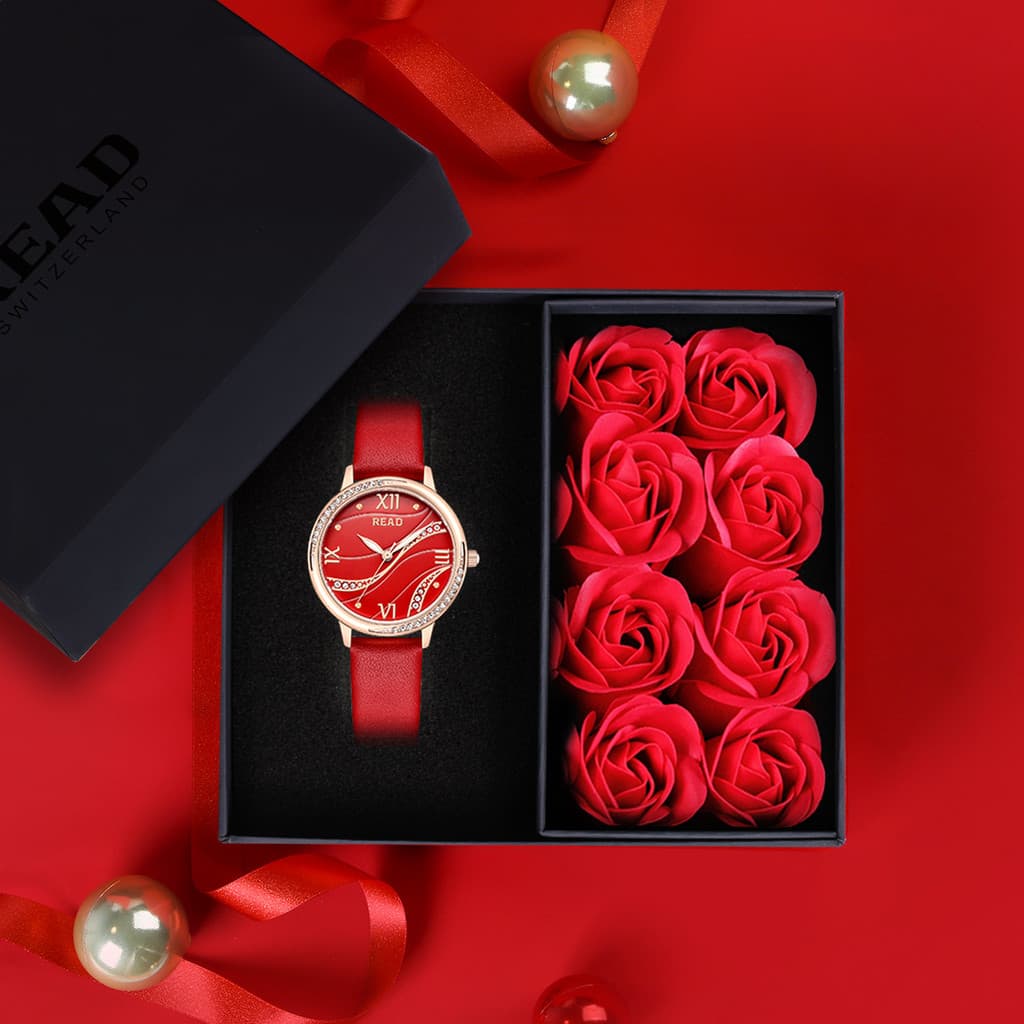 Movimento importado elegante ano novo vermelho Retro vermelho elegante cravejado de diamantes ultrafino couro genuíno qu