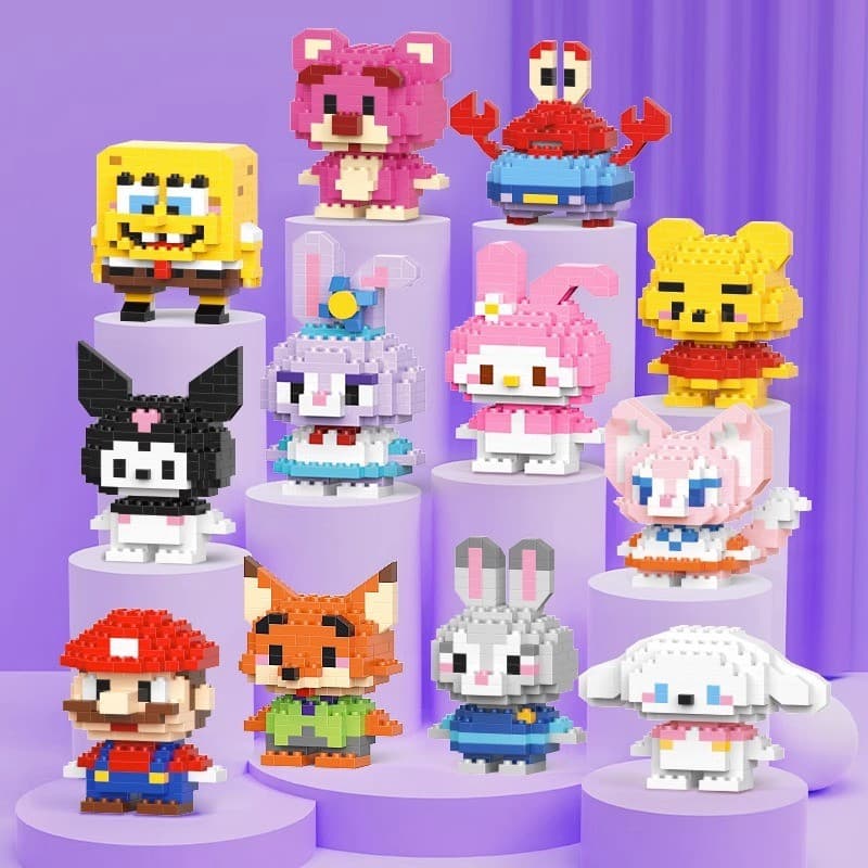 Pequena caixa pequena blocos de construção de partículas pequenas brinquedos pequenos boneca dos desenhos animados monta
