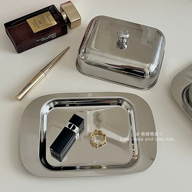 Ins prata caixa de jóias de aço inoxidável doméstico High-End brincos colar anel caixa de armazenamento Anti-poeira band