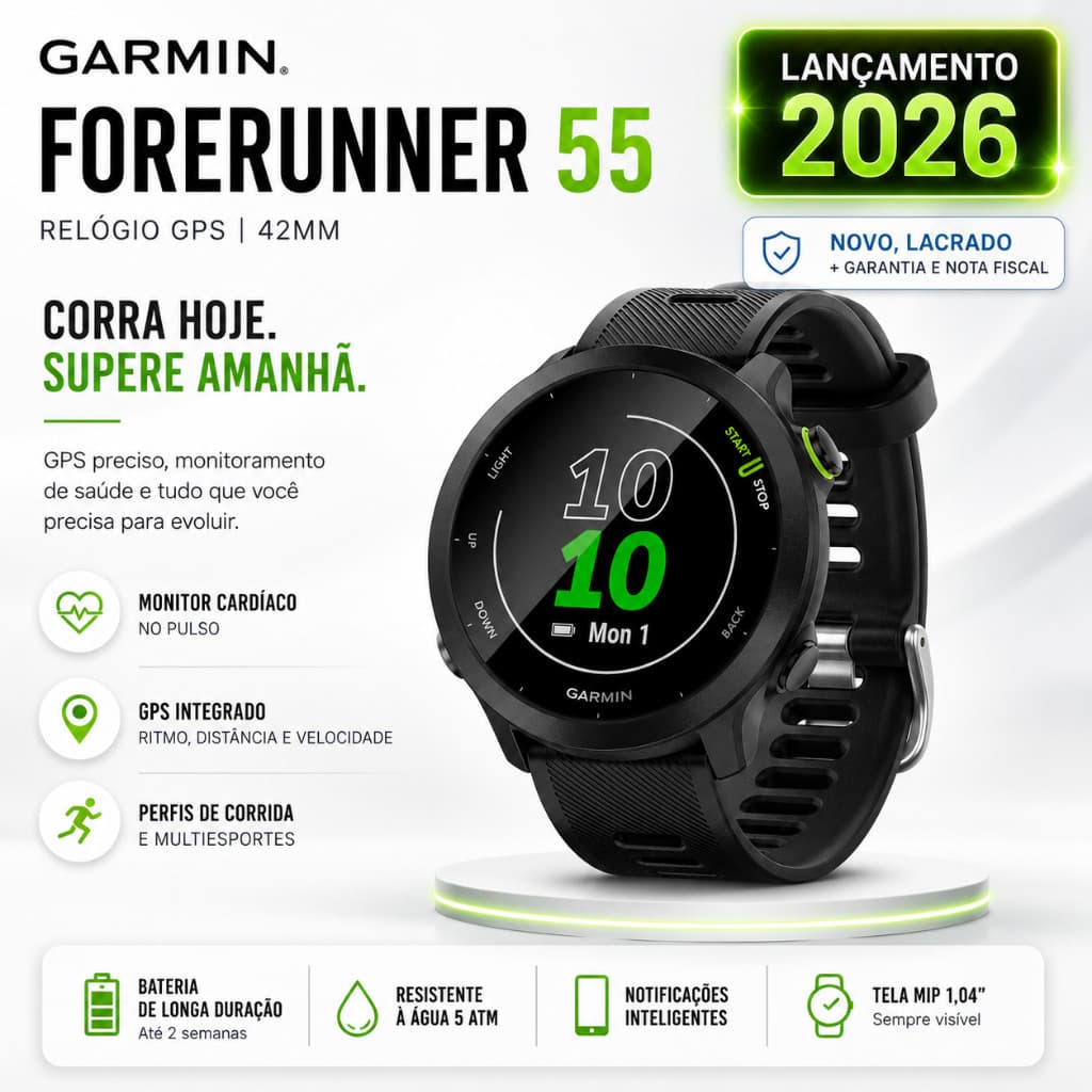 Relógio Garmin Forerunner 55 Monitor Cardíaco E Gps 42mm