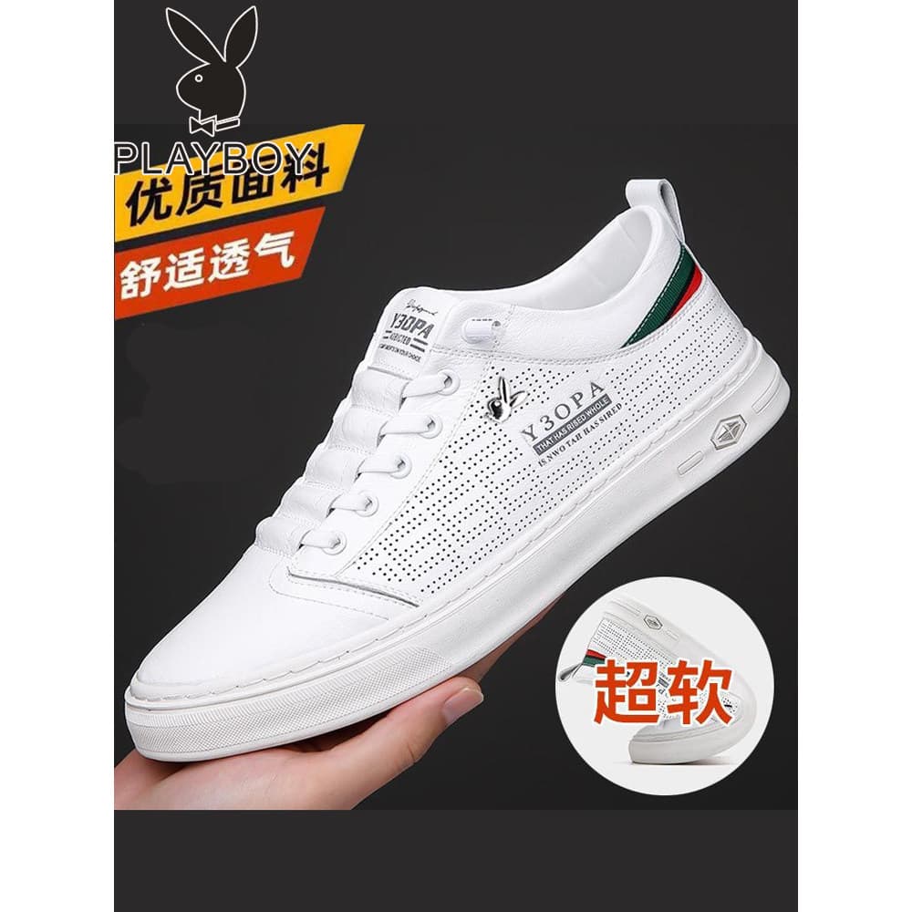 Playboy couro genuíno verão respirável sapatos brancos oco tênis casuais deslizamento-em sapatos masculinos brancos na m