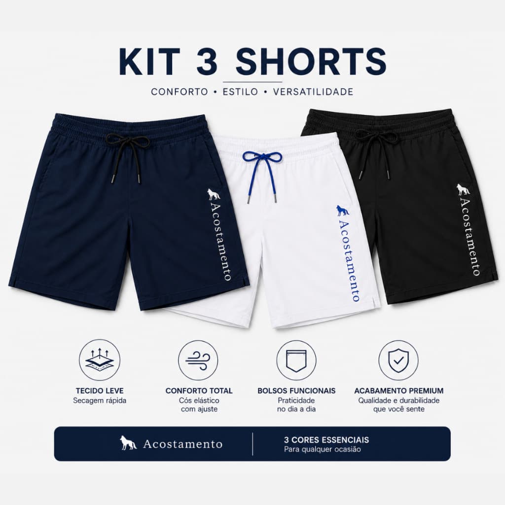 KIT 3 SHORTS ACOSTAMENTO BERMUDA TACTEL ELASTANO DRY FIT PRAIA VERÃO MAURICINHO