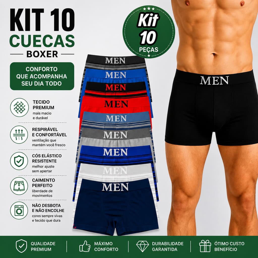 KIT 10 CUECAS BOXER MASCULINO ADULTO CONFORTO HOMENS