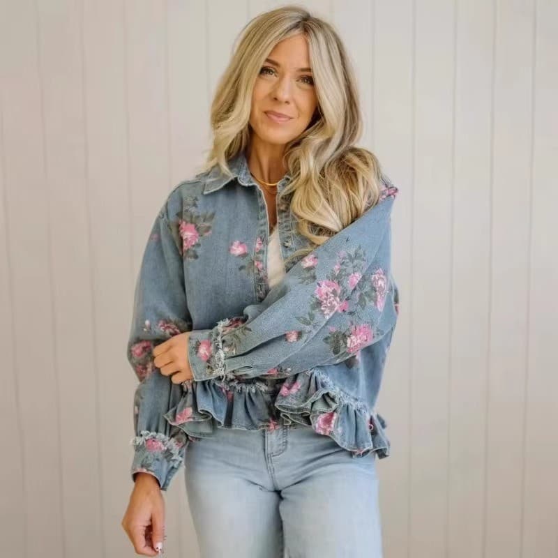 Jaqueta Jeans Vintage Com Estampa Floral , Solta E Elegante De Manga Comprida 202609-1