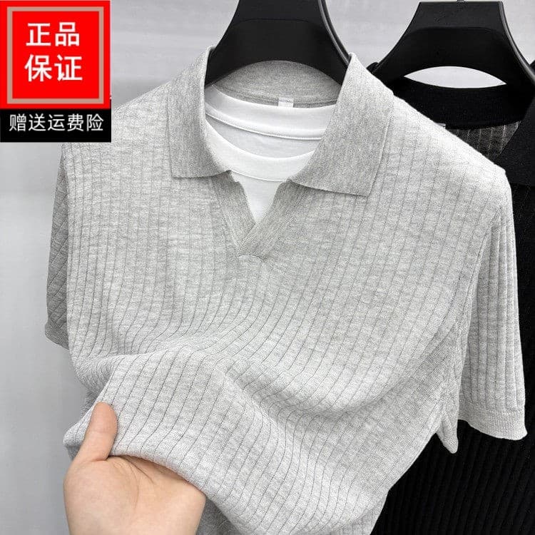 Tencel linho velho dinheiro textura respirável lapela malha de manga curta camiseta masculina verão Casual camisa POLO m