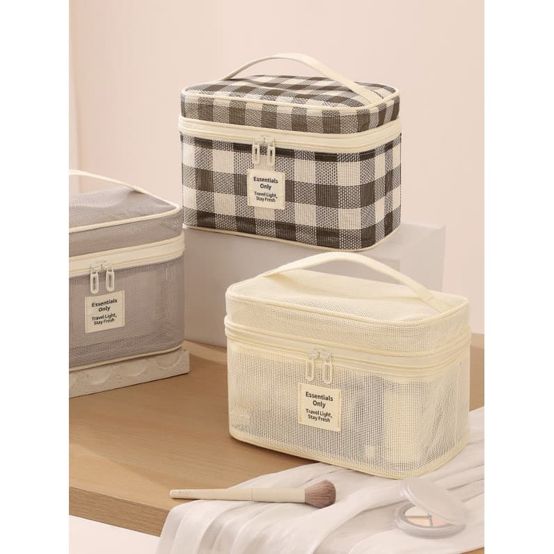 Saco cosmético de gaze de camada dupla feminino Flip portátil conjunto de loção escova de grande capacidade portátil sac