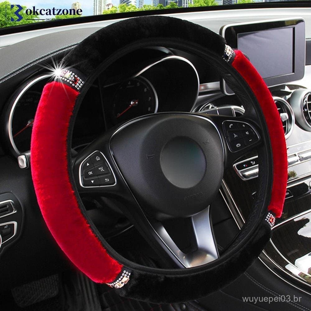 OKCATZONE Diâmetro Universal Macio Pelúcia Strass Capa De Volante Do Carro Acessórios Interiores Direção Estilo 37-38cm
