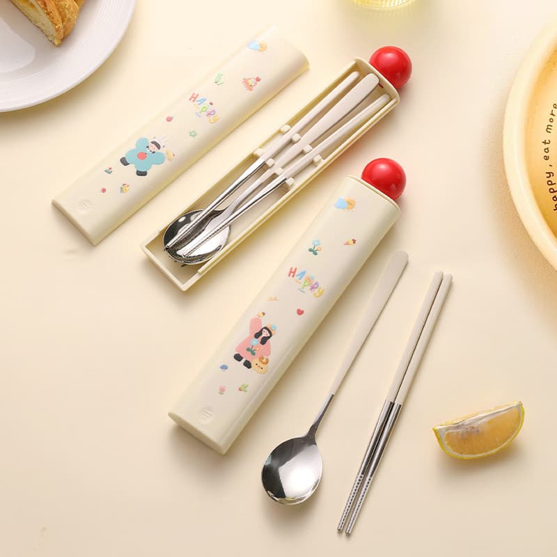 Conjunto de talheres portáteis de qualidade alimentar 304 com colher e hashis, conjunto de talheres fofo para estudantes
