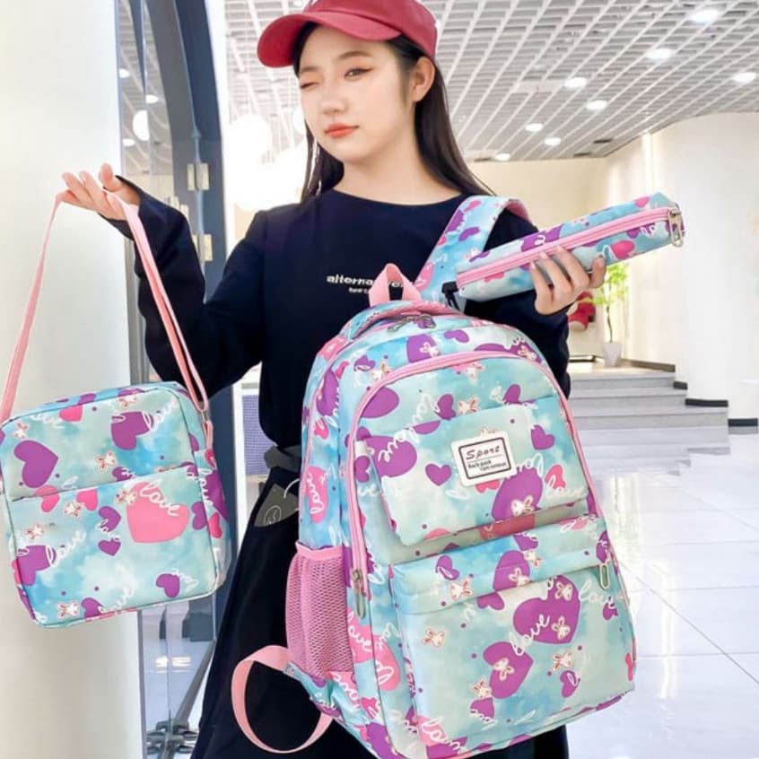 Kit com 3 bolsa mochila feminina nylon escolar estojo bolsinha transversal