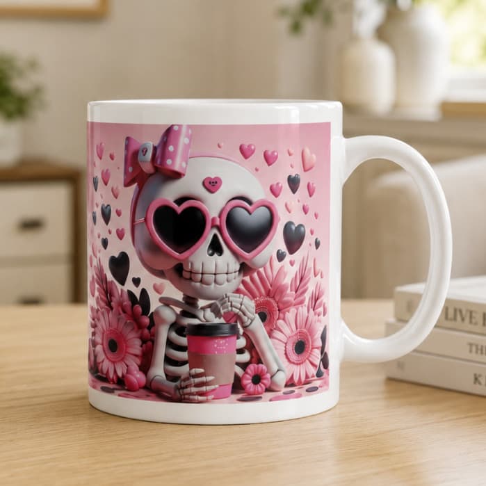Caneca Porcelana Premium Estilo Dark Cute Caveira Rosa 325Ml