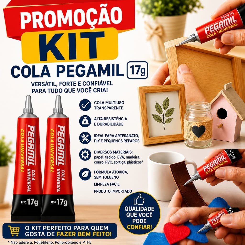 Kit 1/2/3/4/5 Cola Pegamil Universal 17g – Cola Forte Multiuso para Artesanato, EVA, Papel, Madeira e DIY