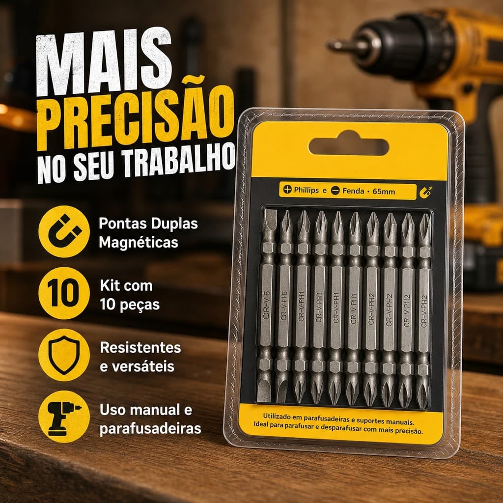 Ponteiras Bits Magnéticas Ponta Dupla 65mm Philips e Fenda para Parafusadeira Resistente Aço Cromado