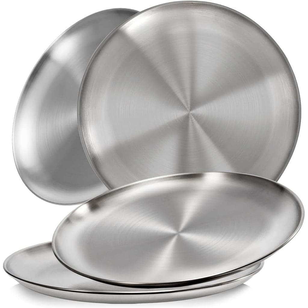 Sumerflos 304 (18/8) Stainless Steel Dinner Plates, 10" Round Salad Plates, Serving Plate for Home Kichten, Outdoor Camp