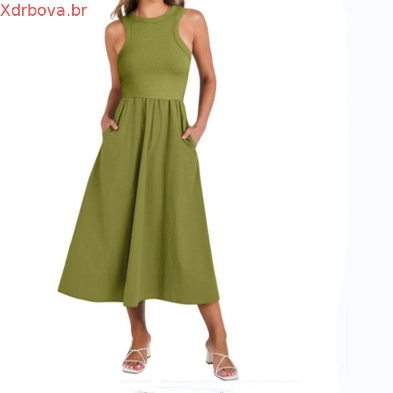 2024 verão europeu e americano gola redonda malha costura em forma de A verão sem mangas mini vestido feminino