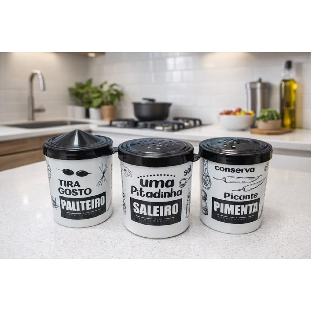 KIT COM 3 POTES PLÁSTICO MULTI USO 200 ML DE MESA PALITEIRO/SALEIRO/PIMENTEIRO COR BRANCO E PRETO