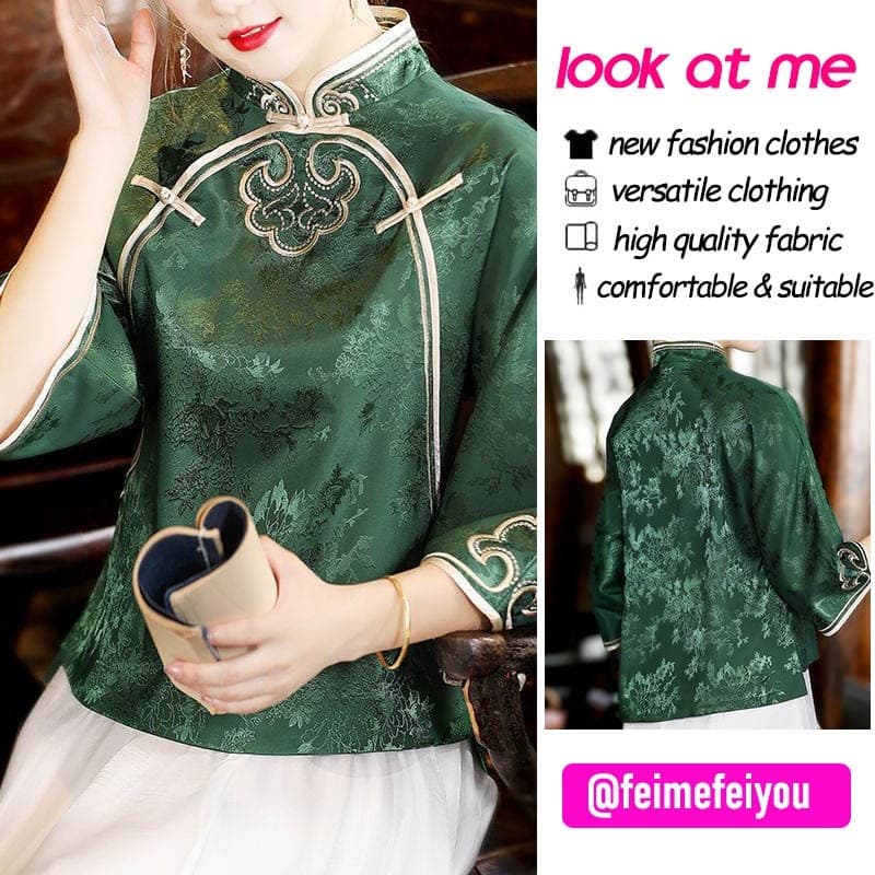 Nova Blusa Verde Feminina Chinesa Plus Size Tang Terno Vintage Simulado Botão De Nó De Seda Stan