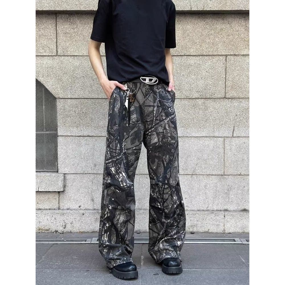 2025 calças camufladas ramo americano camuflagem angustiado macacão calças masculinas retas soltas ao ar livre calças ca