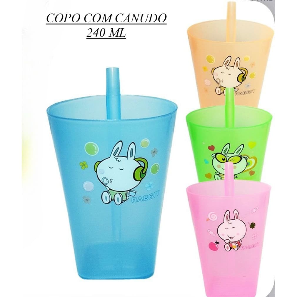 Kit Copo Canudinho Infantil Baby Colorido Copos Escolar de Plástico Canudo