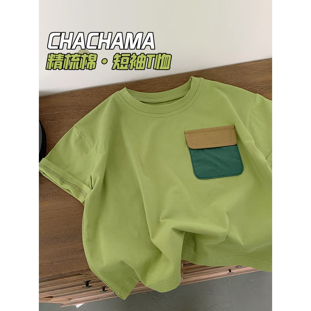 Chá mãe roupas infantis verão novo estilo meninos puro algodão manga curta camiseta crianças médias roupas de verão gram