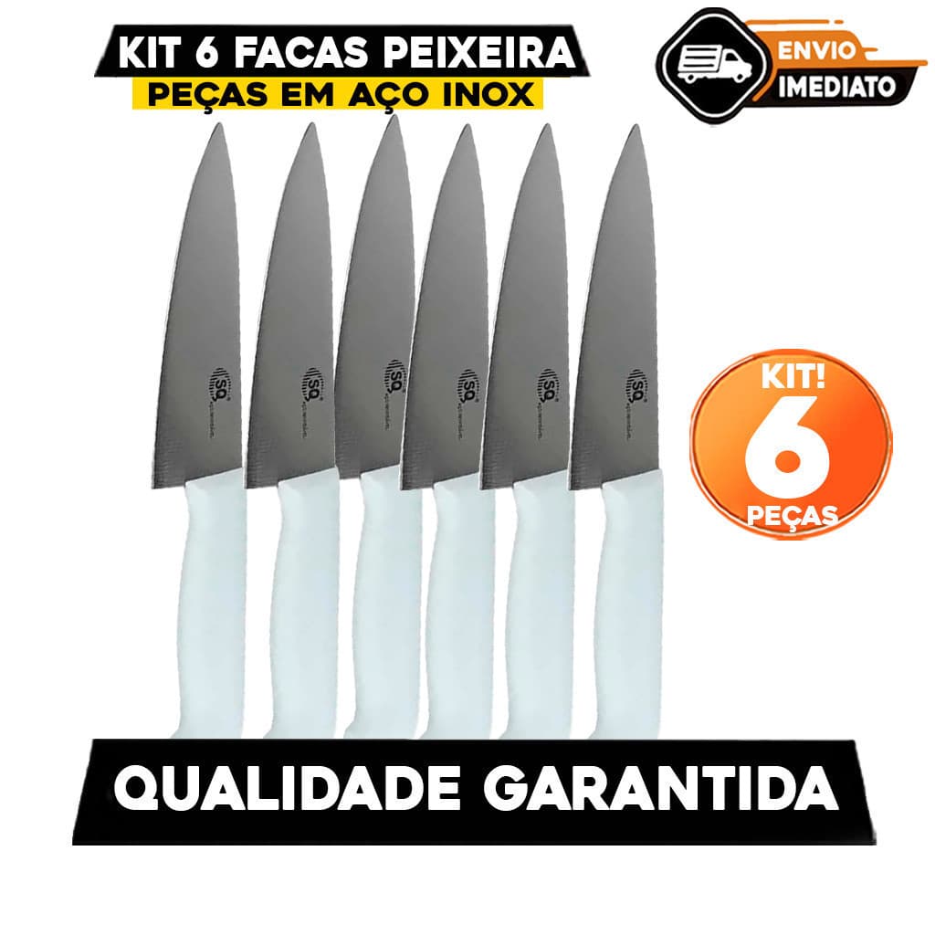 Kit 6 Facas Peixeira Aço Inoxidável Cabo Branco Garbo Nº7