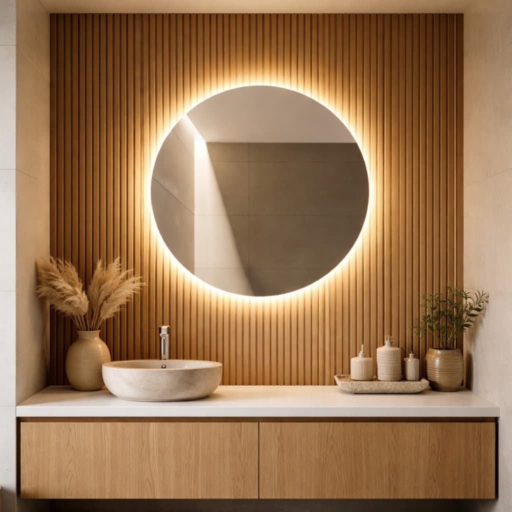 Espelho Redondo Com LED 50x50 Luz Amarela Parede Com Fonte 110v/220v Com Suporte