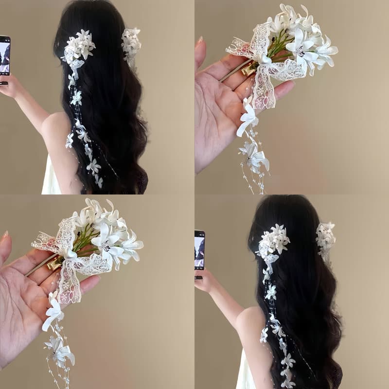 Grampo de Cabelo Laço de Renda Flor com Borla Pente Lateral Acessório Estilo Boêmio Feminino