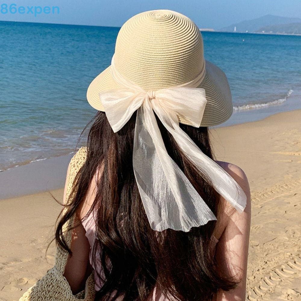 EXPEN1 Boné Tecido De Aba Grande , Chapéu De Praia Elegante Com Proteção UV Palha Leve