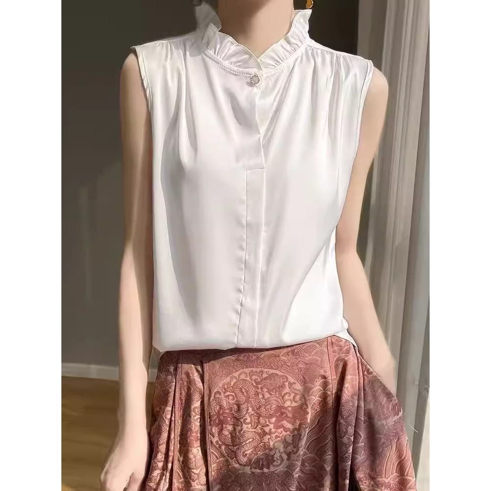 Acetato de seda meia gola alta renda colete de seda feminino fundo solto interior sem mangas verão fungo borda topo