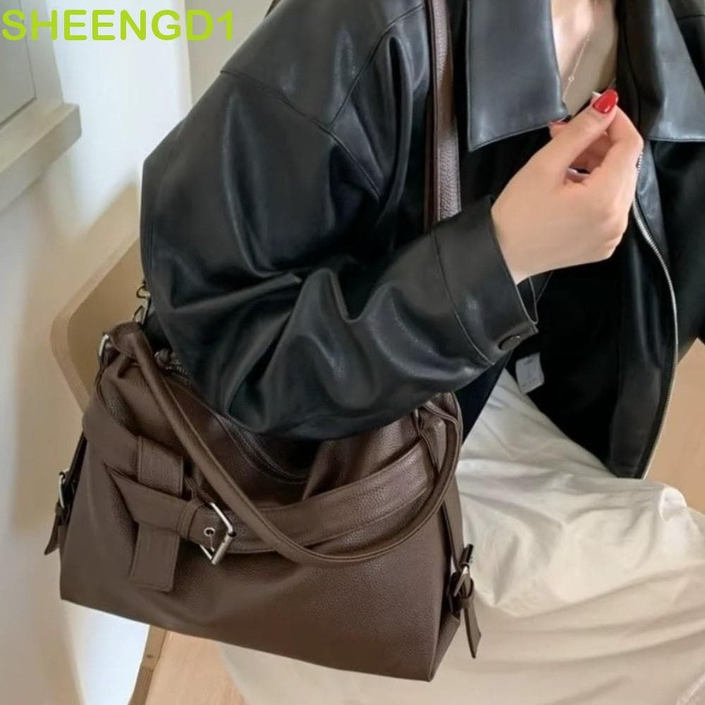 SHEENGD1 Bolsa Tote De Couro , De Ombro Macia Para Motocicleta De Grande Capacidade Retrô Com Fivela De Cinto Nas Axilas