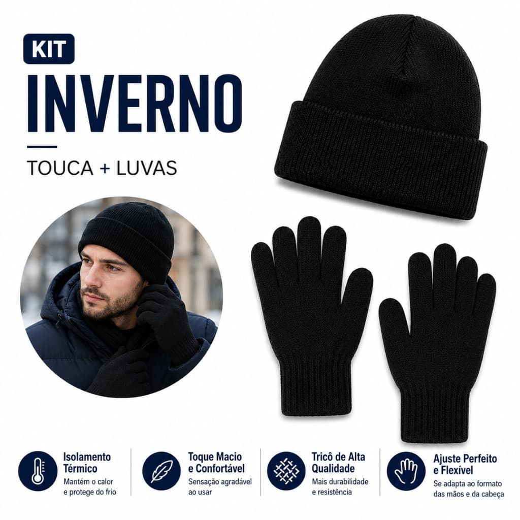 KIT TOUCA E LUVAS DE INVERNO UNISSEX PROTEÇÃO CONTRA FRIO TÉRMICO MACIO TAMANHO ÚNICO