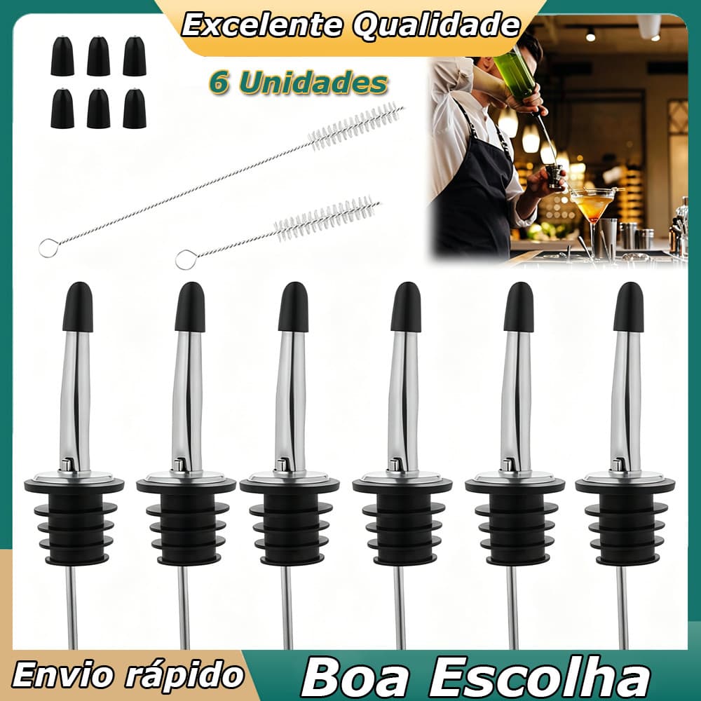 Kit 6 Bicos Dosadores em Aço Inox para Garrafas Dosador de Bebidas para Bar Azeite Vinagre Pimenta Antivazamento