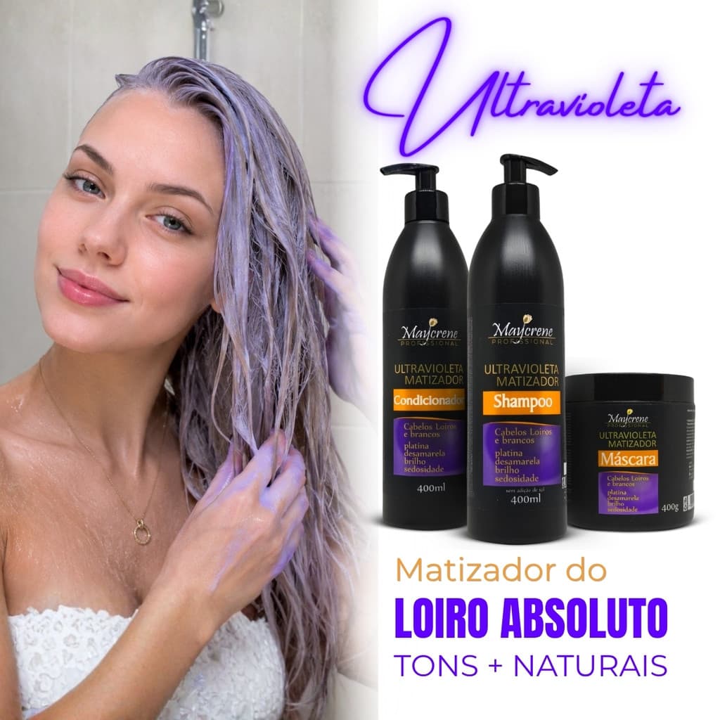 Kit Matização Ultra Violeta Cabelos Loiros, Platinados e Grisalhos Maycrene (Shamp, Cond e Másc)