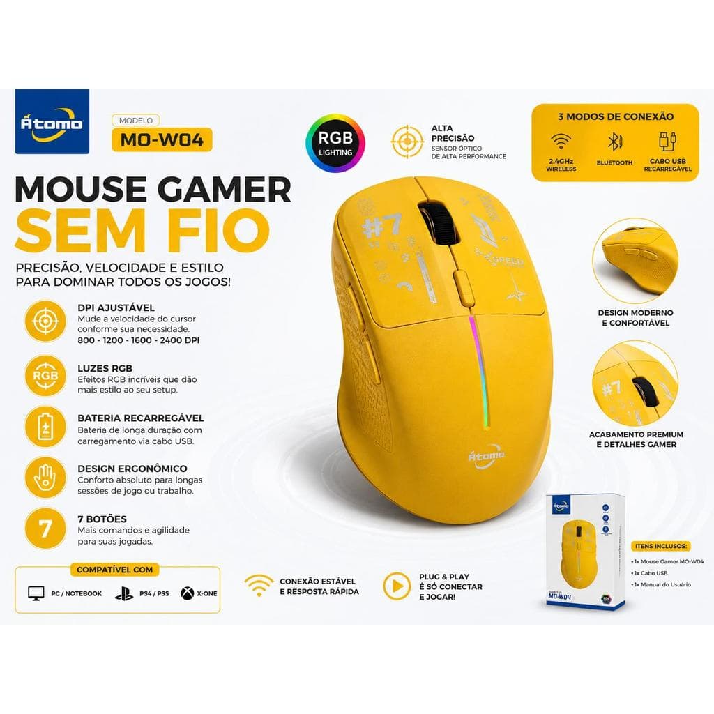Mouse Gamer Sem Fio RGB Recarregável 4800 DPI Bluetooth 5.0 + 2.4GHz USB Ergonômico