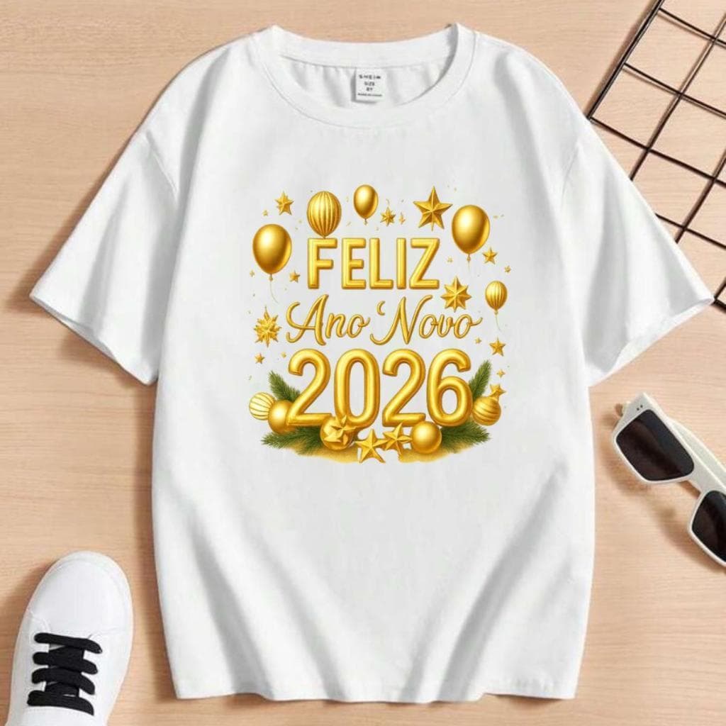 Camiseta Básica Unissex Camisa Estampada Feliz Ano Novo 2026 100% Algodão