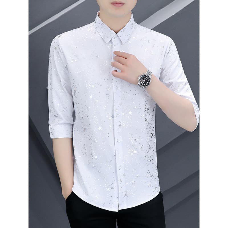 Camisa masculina de manga três quartos de seda gelada de verão versão coreana na moda rufião bonito estilista de cabelo