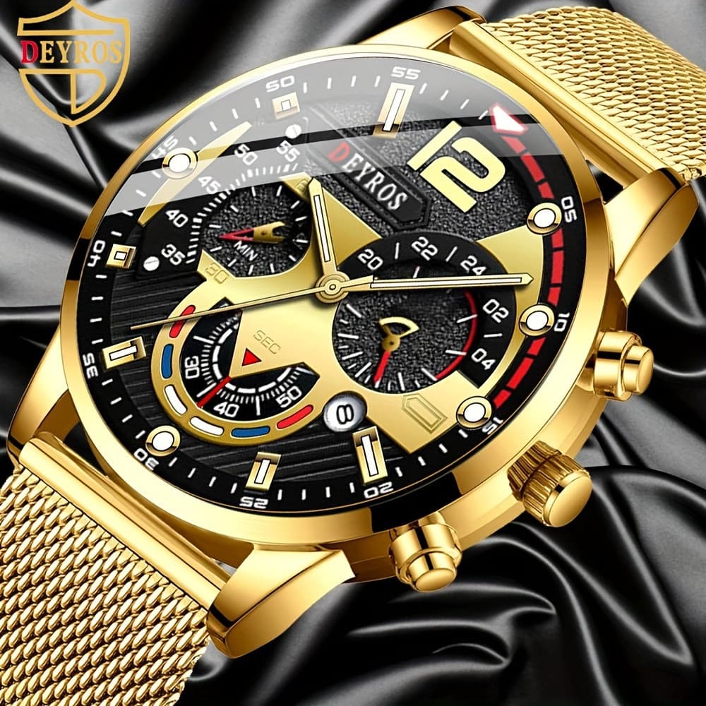 Relógio de Pulso Masculino DEYROS com Calendário, Estilo Empresarial, Pulseira de Malha, Relógio de Quartzo OWAW