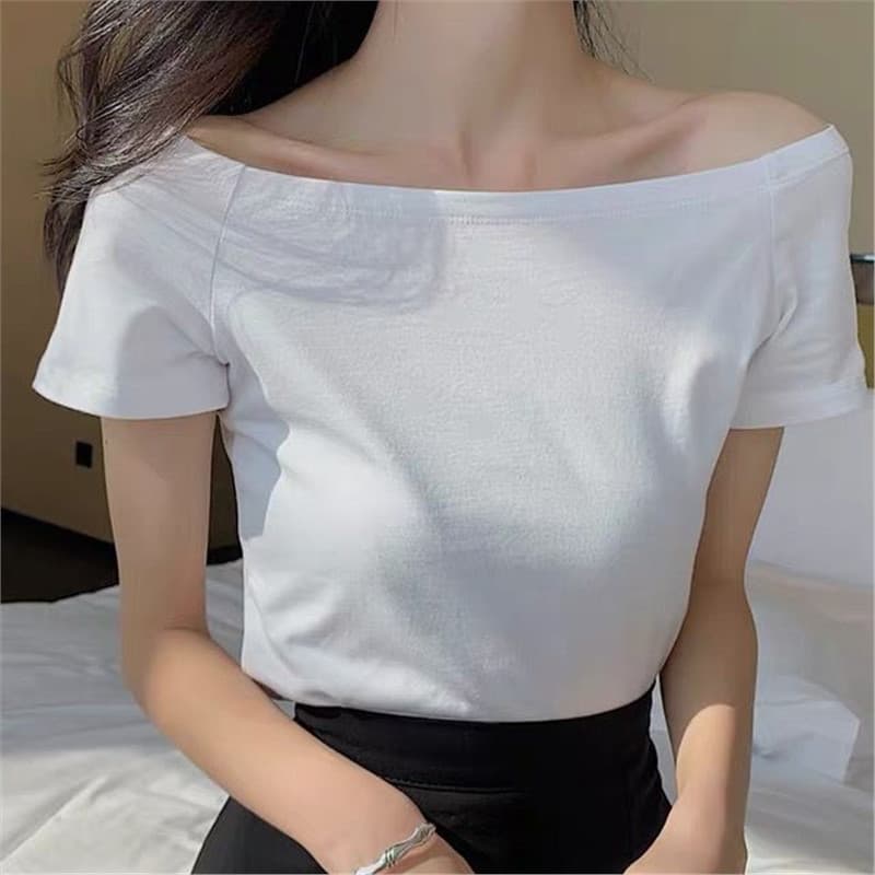 Clavícula exposta de um ombro topo de um ombro pescoço fora do ombro puro algodão preto camiseta feminina verão novo est