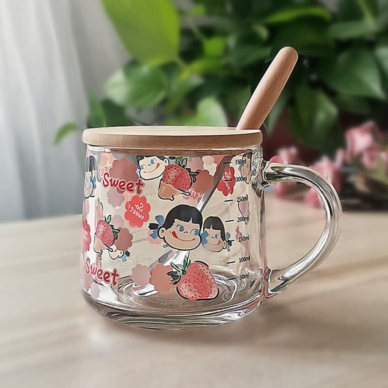 Copo de vidro impresso com canudo de escala com tampa caneca suco doméstico leite café da manhã copo de água