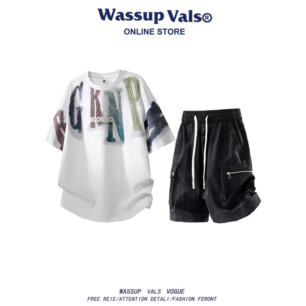 WASSUP VALS Street Wear Terno esportivo masculino americano Casual camiseta de manga curta verão Shorts gerais terno de