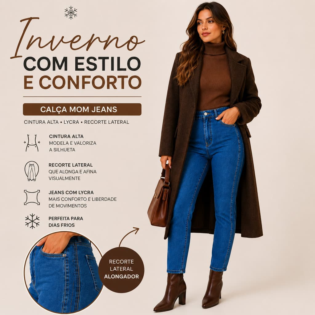 CALÇA MOM FEMININA JEANS CINTURA ALTA COM LYCRA PREMIUM CONFORTÁVEL E ELEGANTE COM RECORTE NA LATERA
