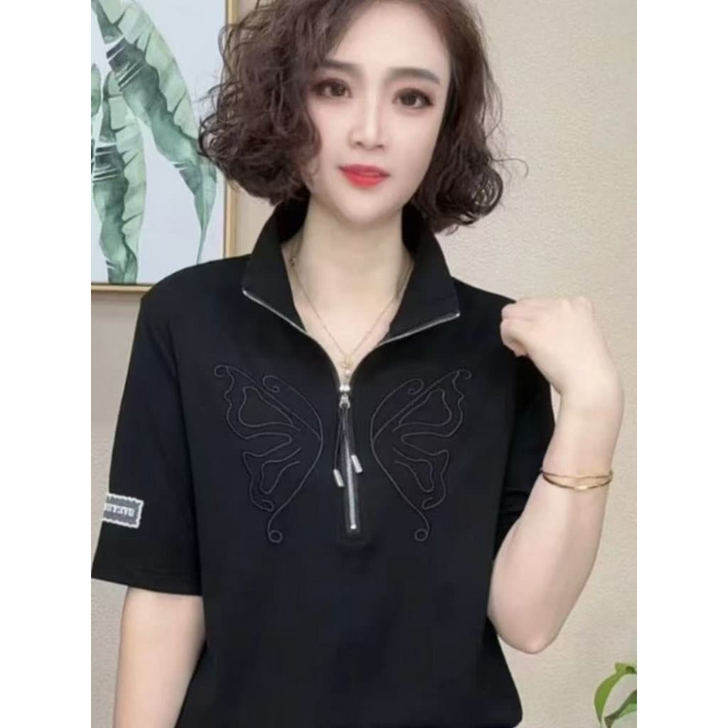 Mulheres de manga curta 2025 moda gola alta novo estilo camiseta zíper verão mais magro olhar estilo ocidental carne @