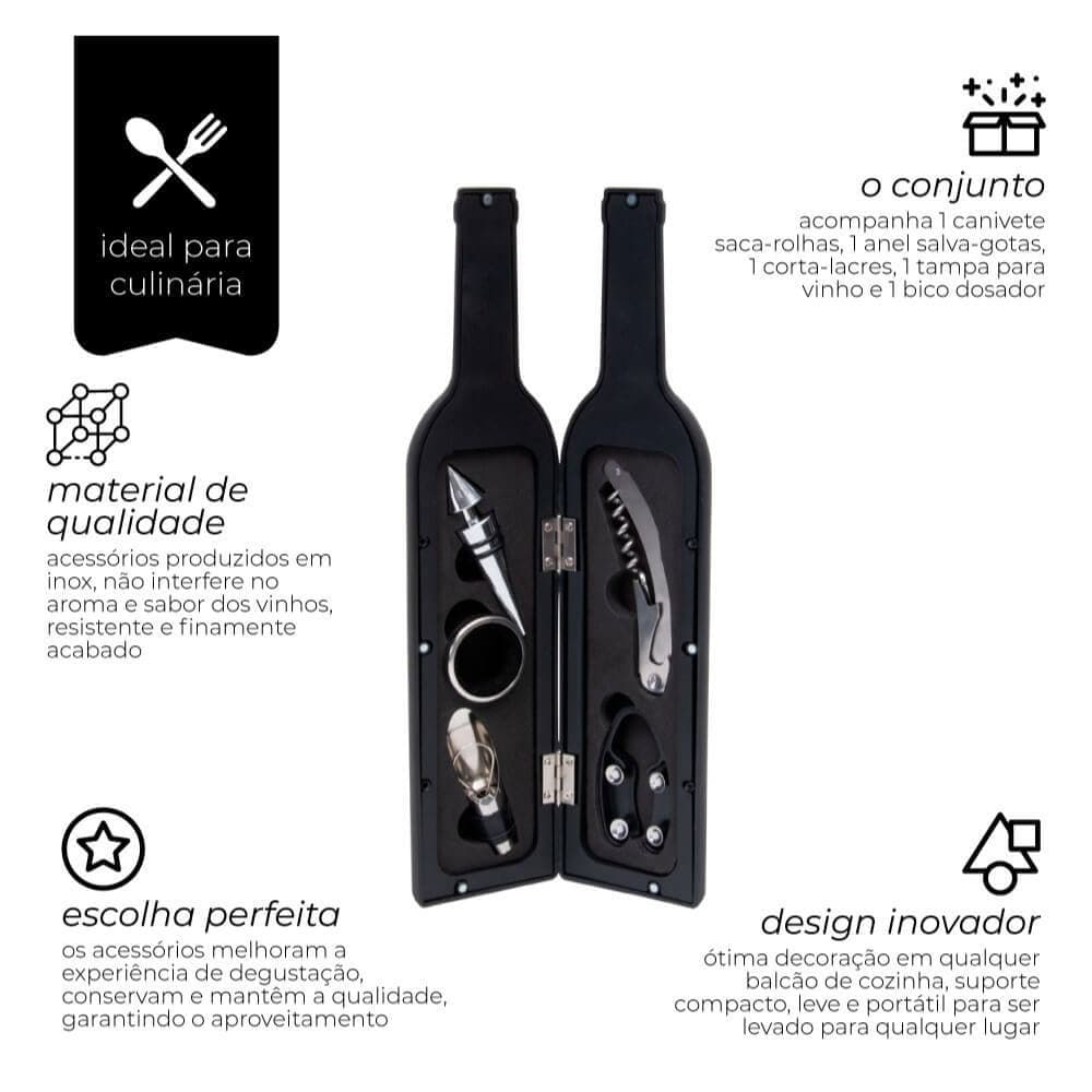 Kit Acessórios Vinho Garrafa Perfeito para Presentear Saca Rolha Tampa Aerador Anel de Gargalo