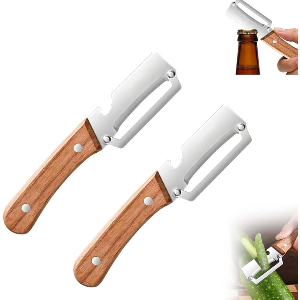 Conjunto de 2 peças de descascadores multifuncionais em aço inoxidável, equipado com cabo de madeira e abridor de garraf