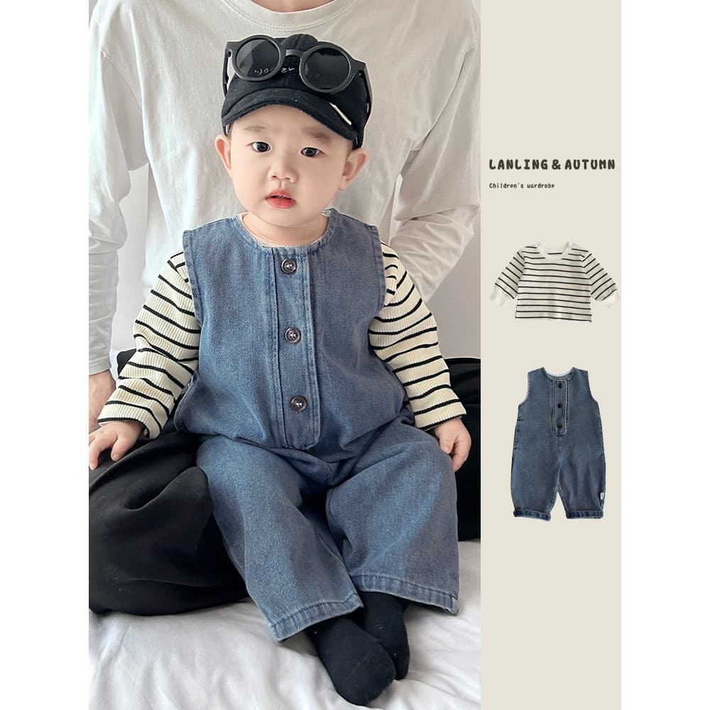 Versão coreana roupas de bebê outono terno Denim macacão listrado topo terno de duas peças bebê Casual macacão calças