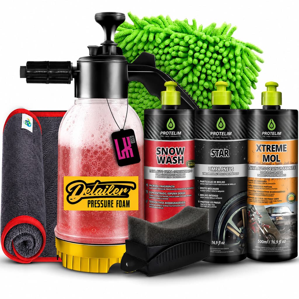 Kit Lavagem Pulverizador Manual Shampoo Neutro Desengraxante Pre Lavagem Pretinho Brilho Toalha Luva