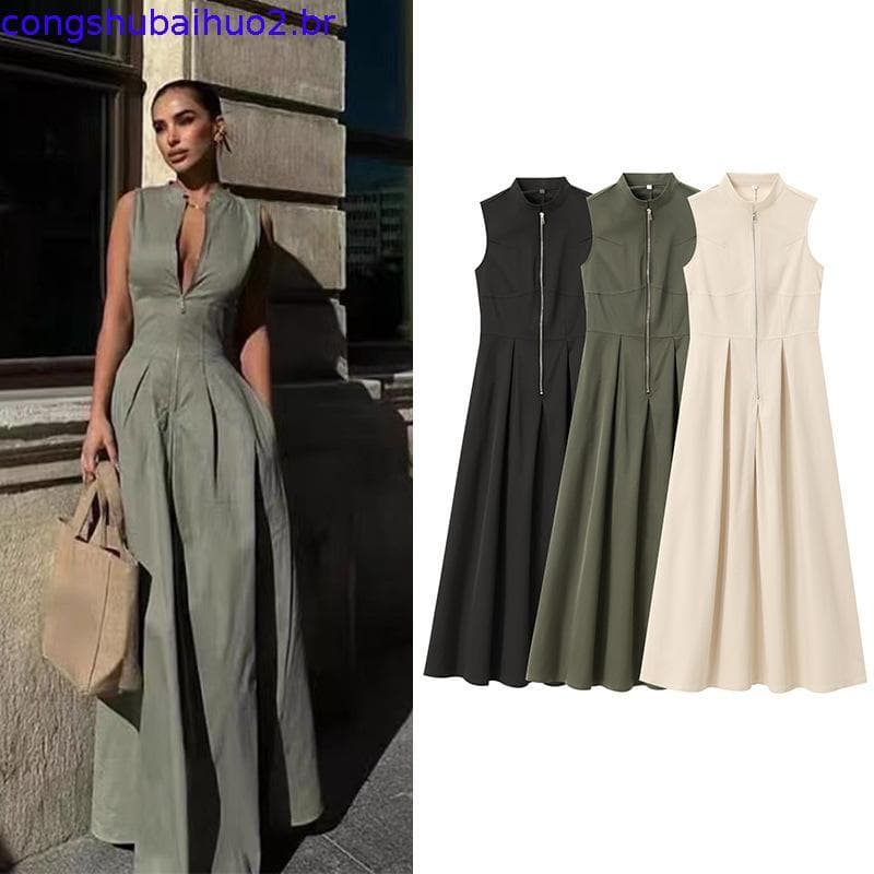 ZA Verão Novo Estilo Feminino Gola Redonda Sem Mangas Vestido Cintura Estreita2902586