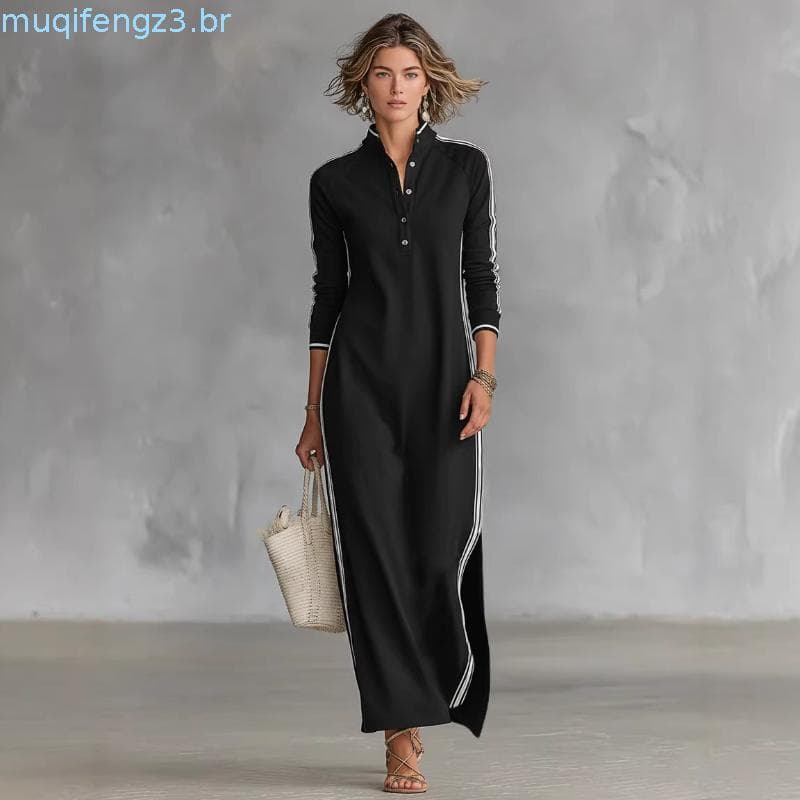 Vestido de Moletom Branco Simples e Solto para Mulheres com Gola de Botões e Acabamento, Comprimento Longo